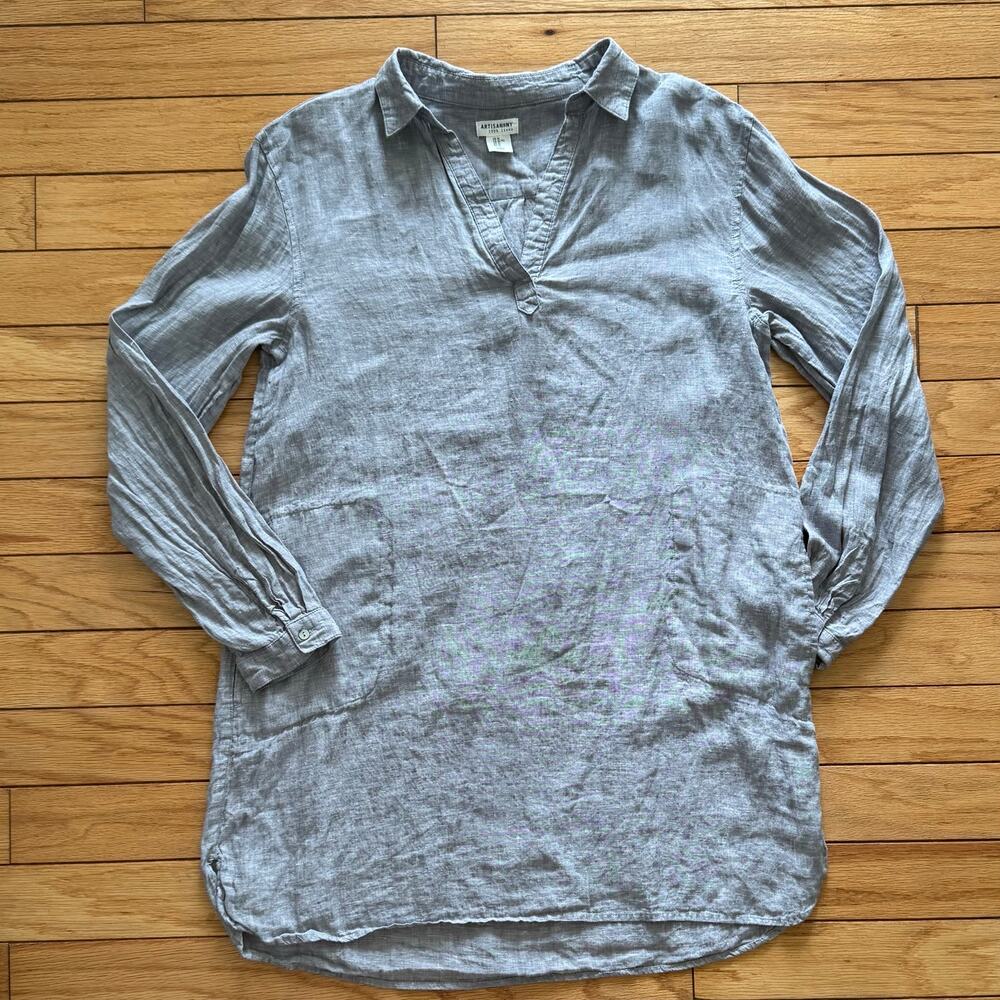 Artisan NY 100% Linen Tunic Dress Women’s XL Gray Pockets Split Neck Coverup